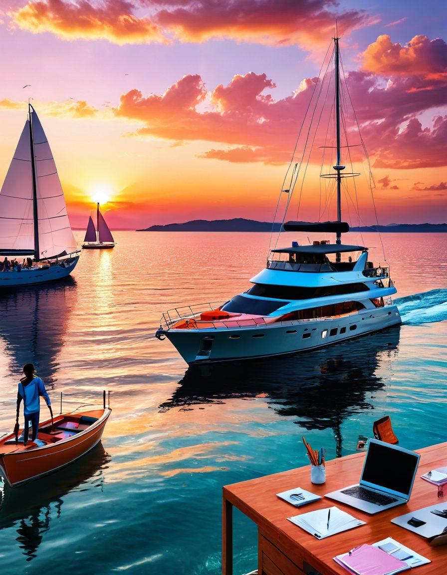 An elegant yacht sailing on crystal clear waters alongside a sturdy fishing vessel, showcasing a horizon filled with the sun setting in vibrant shades of orange and pink. In the foreground, a diverse group of people discussing insurance options, with laptops and paperwork scattered around them. The scene captures the essence of adventure and safety on the water. super-realistic. vibrant colors. 3D.